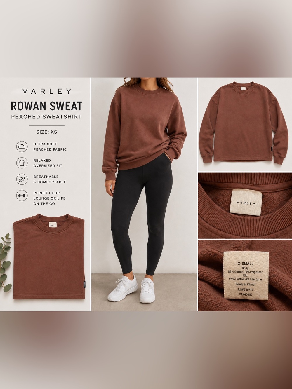 Varley Rowan Sweatshirt XS Brown Peached Sweat Crewneck Pullover Oversized